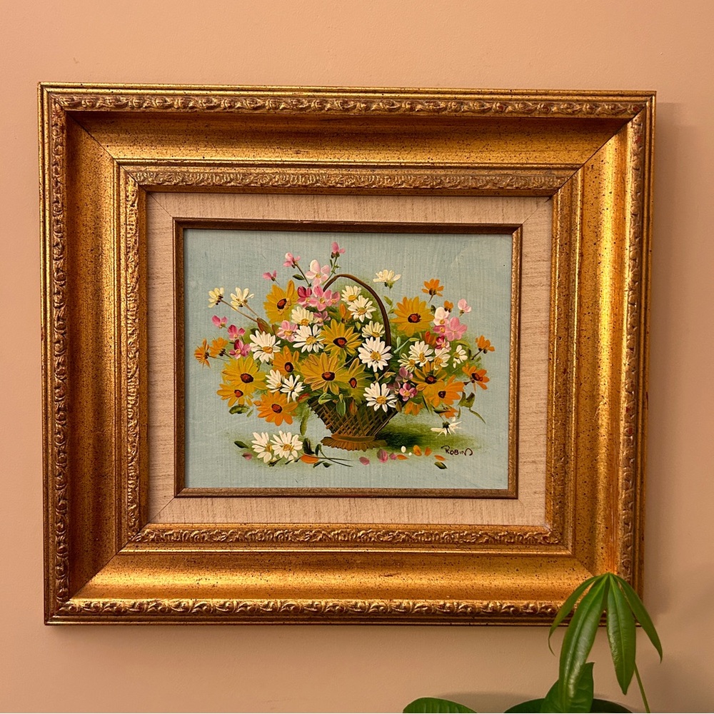 Vintage 70s Floral Oil Painting in Wood Frame